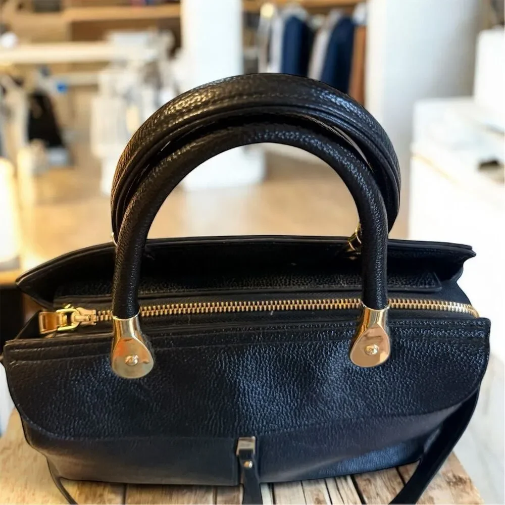 Huada Structured Black Vegan Leather Satchel Handbag Gold Hardware Crossbody